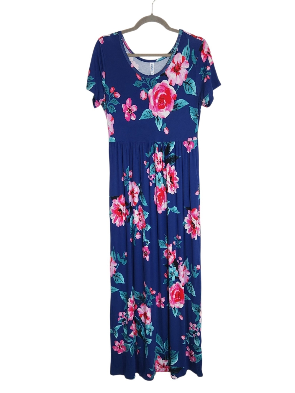 Viishow Blue and Pink Short Sleeve Floral Maxi Dress Size Large